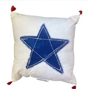Threshold Blue Star Pillow with Red Tassels on Corners Size 18x18 NWT